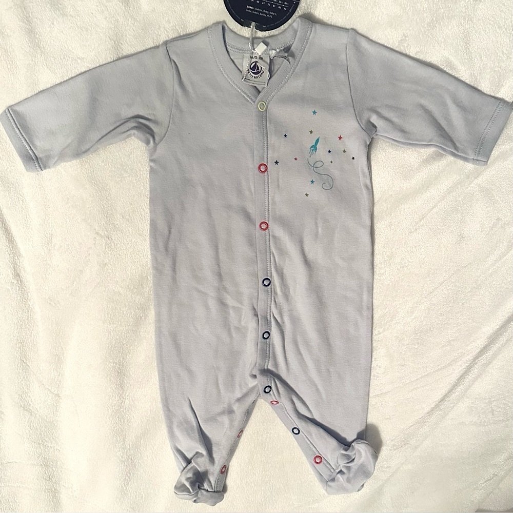 Petit Bateau Baby Boys Blue Romper Footie 1pc Sleeper NB Snaps Cotton Rocket NWT